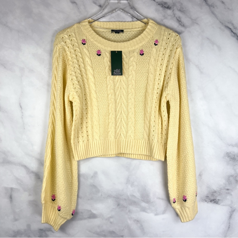 NWT Wild Fable Rosette Cableknit Embroidered Flower Bishop Sleeve Sweater Yellow